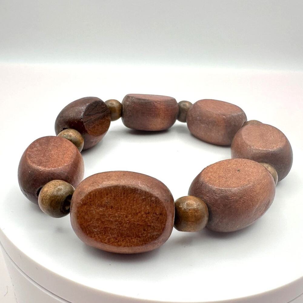 Vintage 80s Brown Wooden Bead Stretch Bracelet Statement Handcrafted Jewelry Y2K